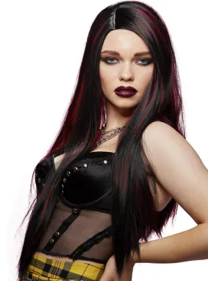 Manic Panic Super Vixen Long Black Costume Wig with Red Streaks