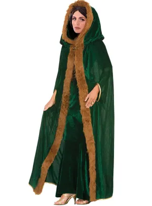 Medieval Green Velvet Cloak with Brown Fur Trim