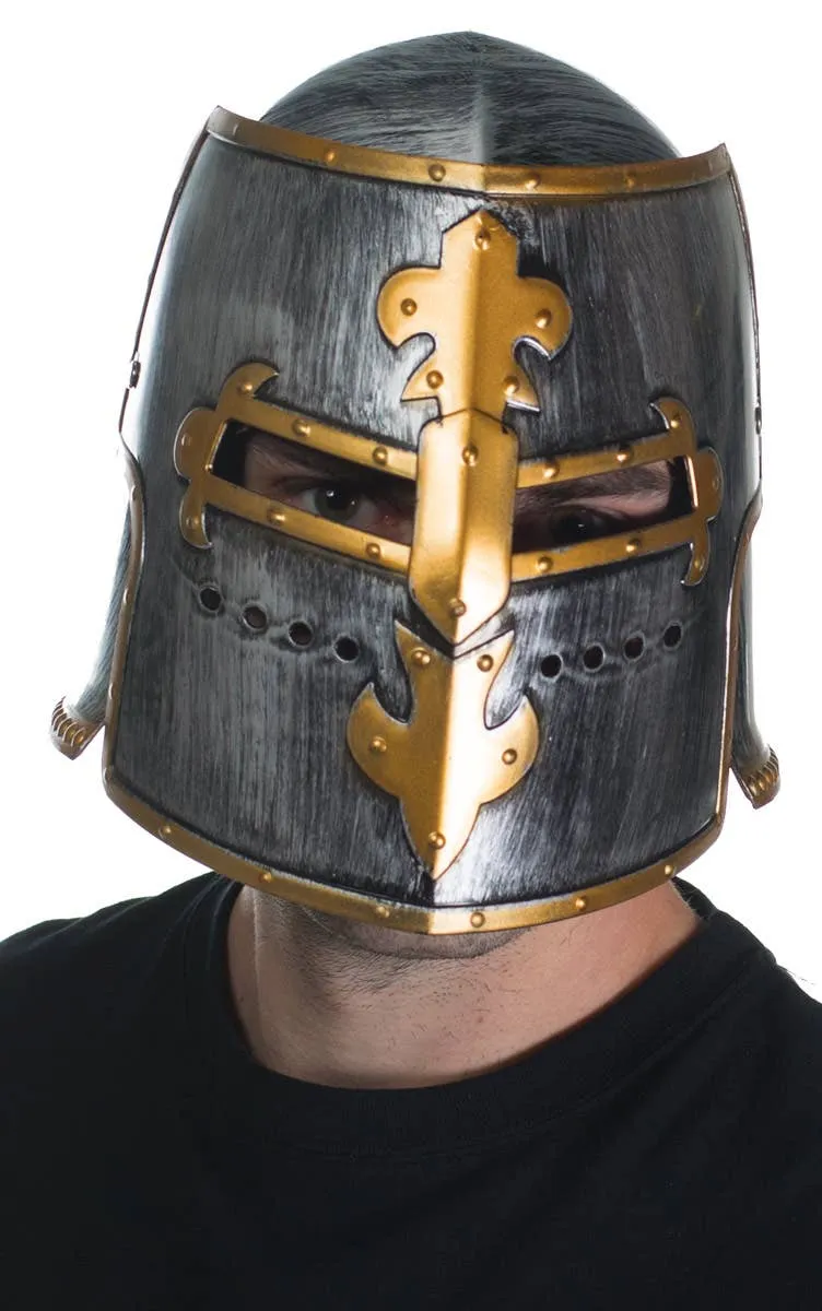Medieval Knight Flip Front Silver and Gold Costume Helmet