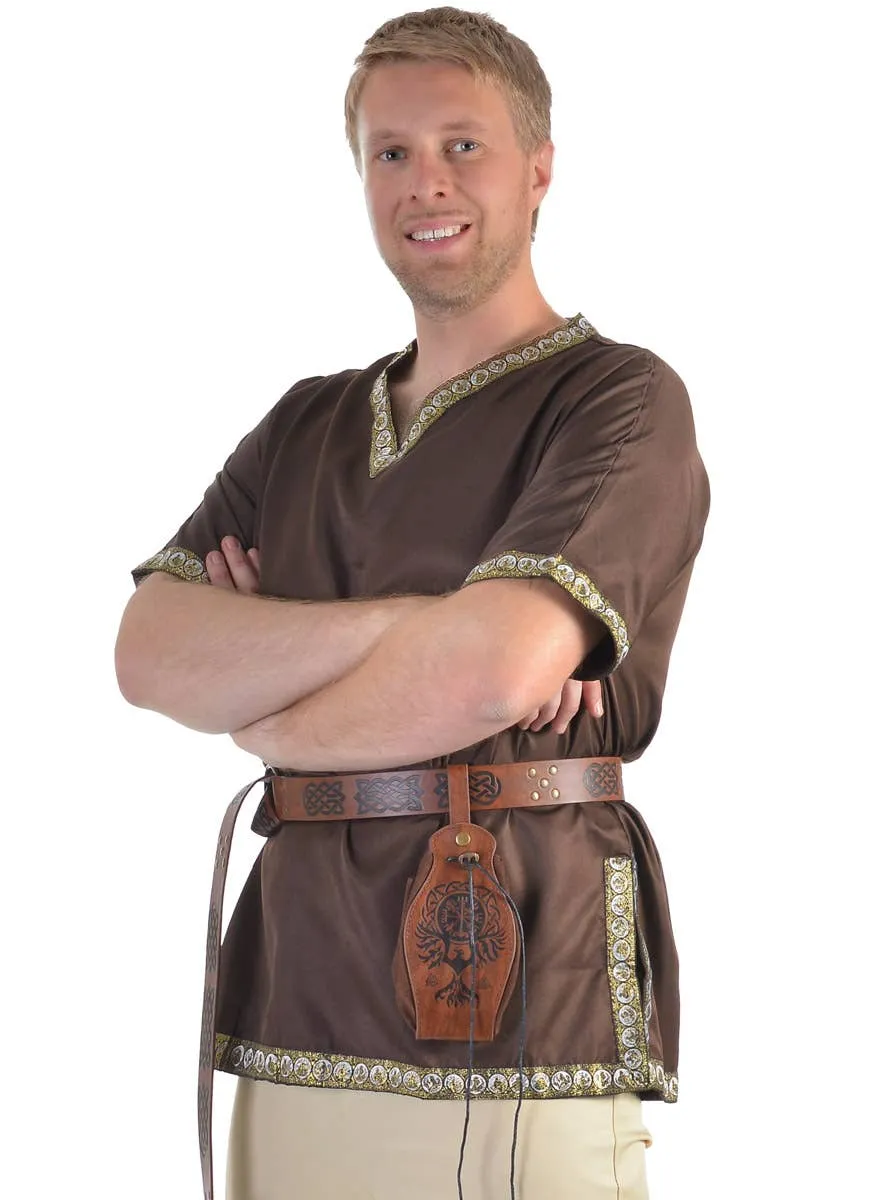 Medieval Mens Brown Costume Shirt with Jacquard Trim