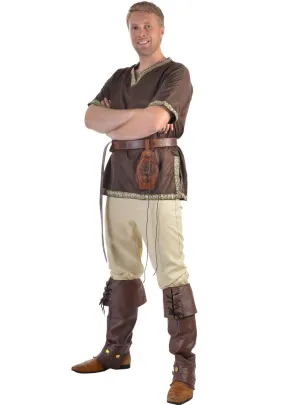 Medieval Mens Brown Costume Shirt with Jacquard Trim
