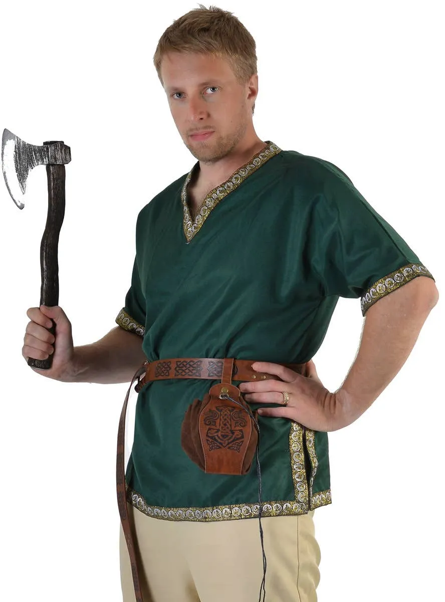 Medieval Mens Green Costume Shirt with Jacquard Trim