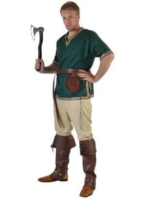 Medieval Mens Green Costume Shirt with Jacquard Trim