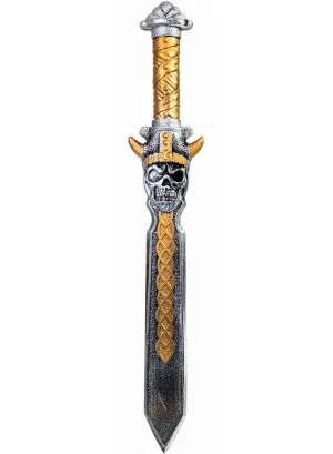 Medieval Silver and Gold Sword with Viking Helmet Skull