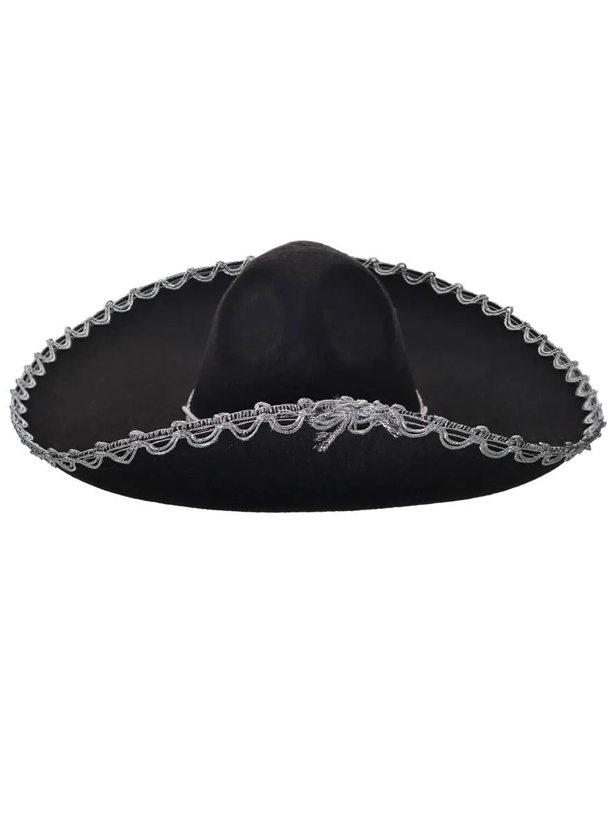 Medium 17 Inch Black and Silver Mexican Sombrero Hat