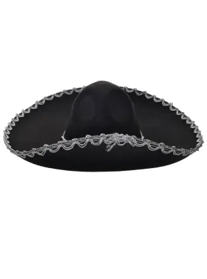 Medium 17 Inch Black and Silver Mexican Sombrero Hat
