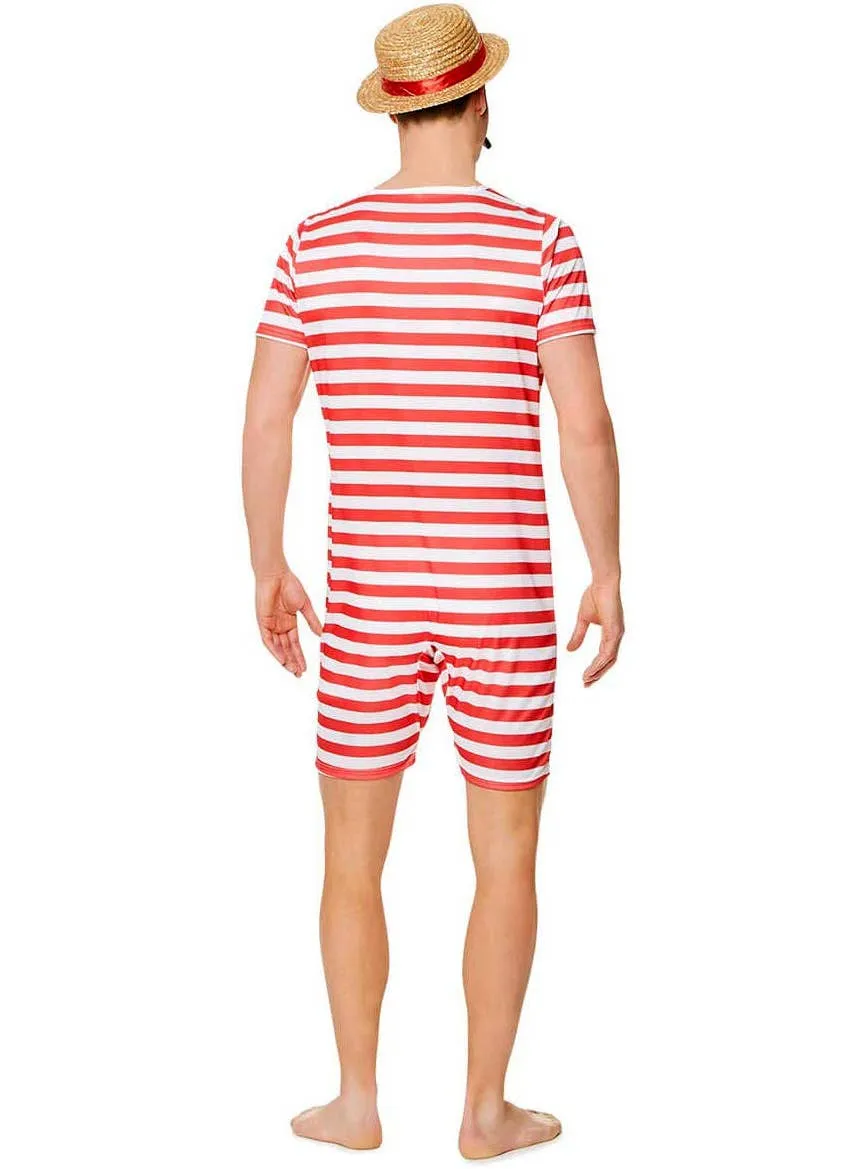 Mens 1920s Red and White Swim Suit Costume