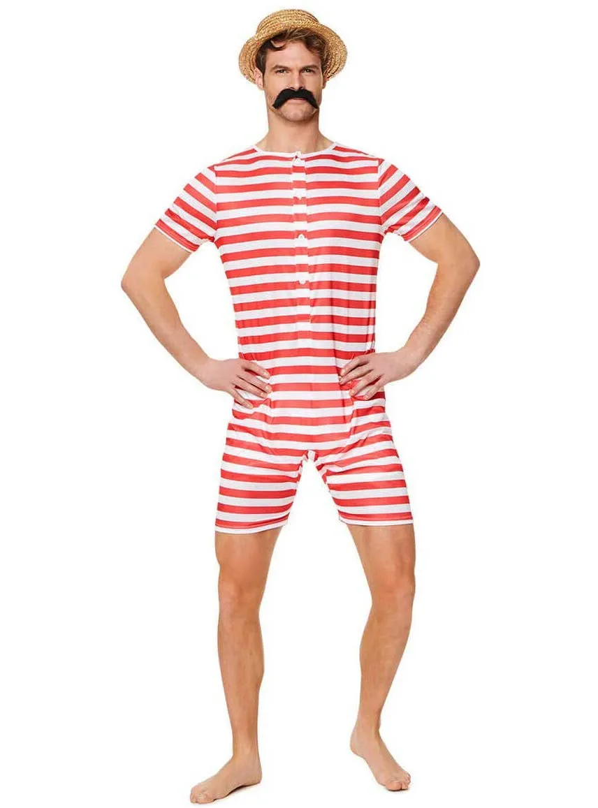 Mens 1920s Red and White Swim Suit Costume