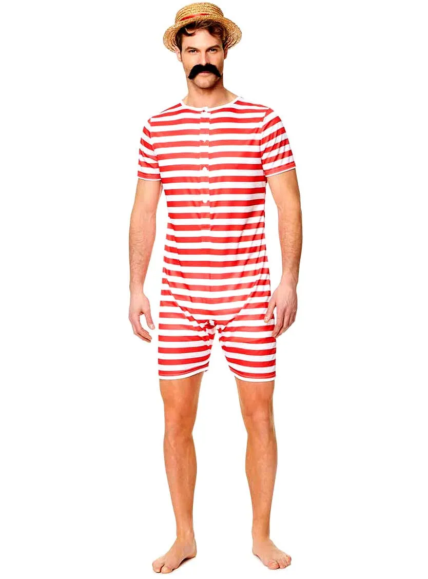Mens 1920s Red and White Swim Suit Costume