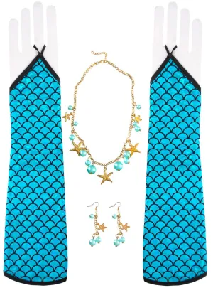 Mermaid Blue Costume Jewellery Accessory Set with Gloves