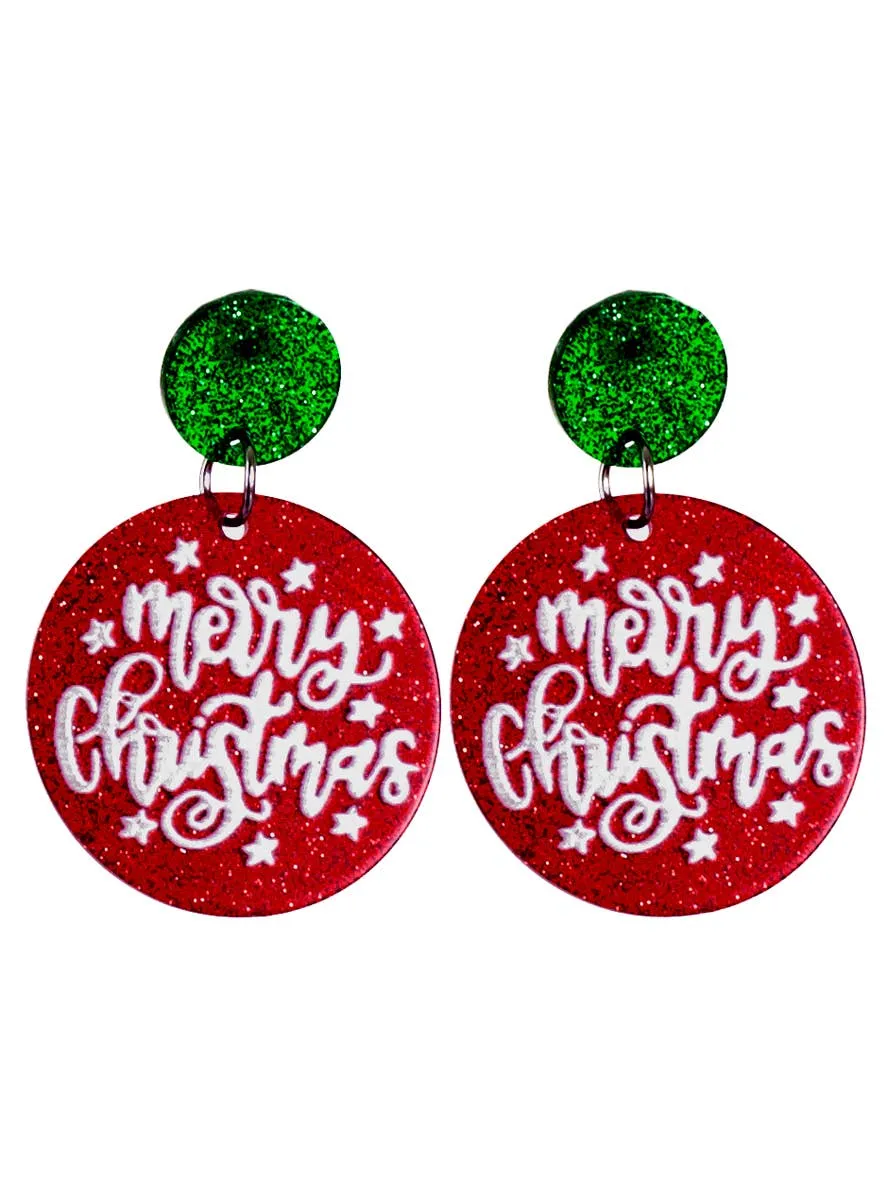 Merry Christmas Red and Green Glitter Festive Earrings