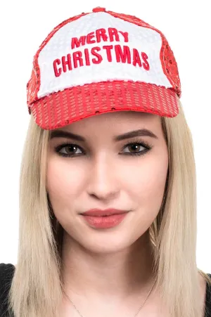 Merry Christmas Red And White Sequinned Baseball Cap