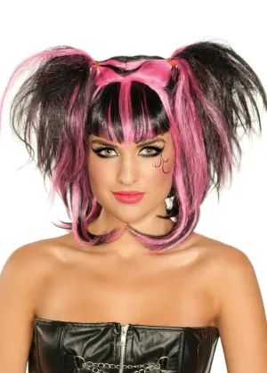 Messy Black and Pink Pigtails Womens Halloween Wig
