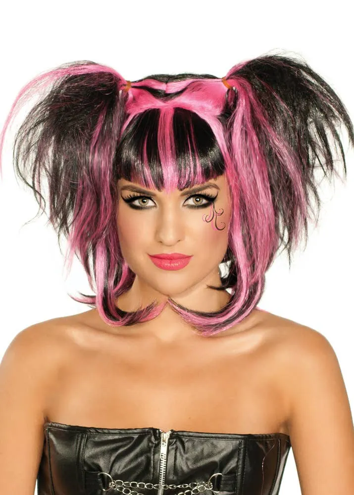 Messy Black and Pink Pigtails Womens Halloween Wig