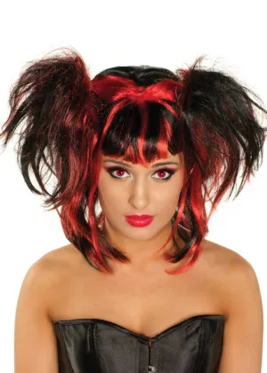 Messy Black and Red Pigtails Womens Halloween Wig