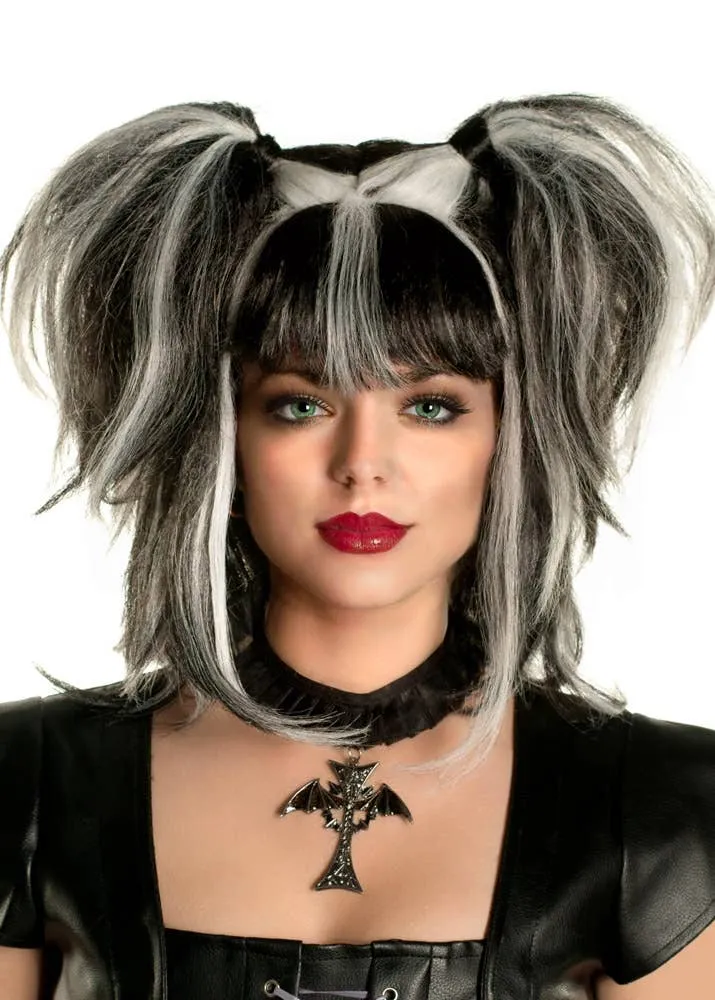 Messy Pigtails Black and White Womens Halloween Wig