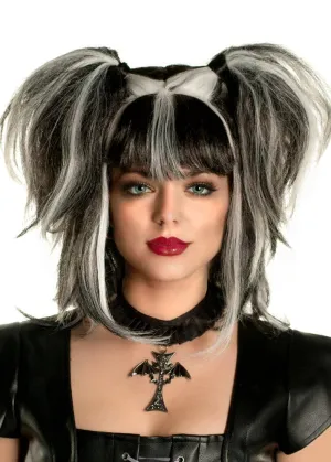 Messy Pigtails Black and White Womens Halloween Wig