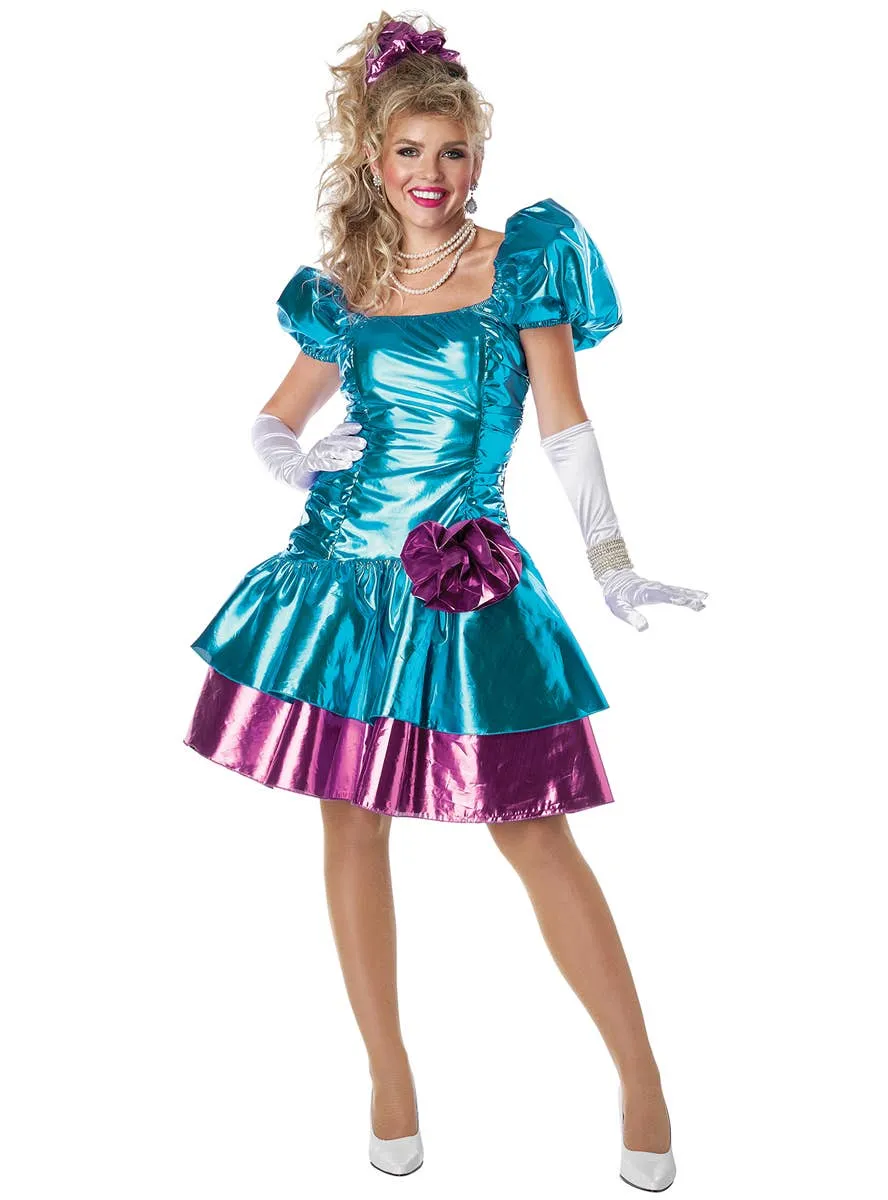 Metallic Blue and Pink 80s Party Dress Womens Costume