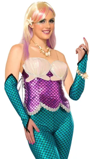 Metallic Blue Womens Mermaid Fingerless Costume Gloves