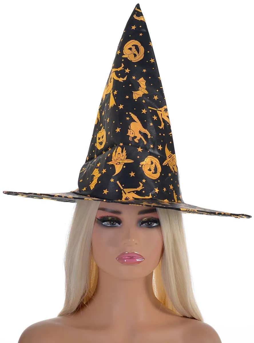 Metallic Gold Halloween Theme Print Witch Hat