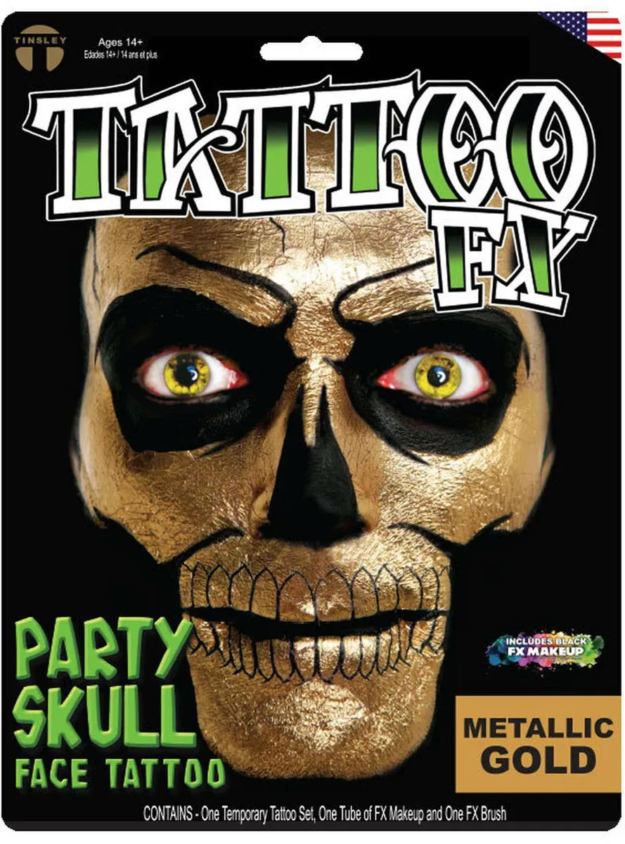 Metallic Gold Skull Face Temporary Tattoo and Makeup Set
