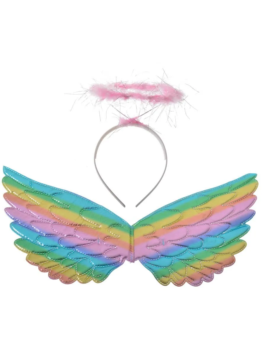 Metallic Pastel Rainbow Mini Angel Wings and Halo Accessory Set