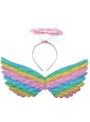 Metallic Pastel Rainbow Mini Angel Wings and Halo Accessory Set