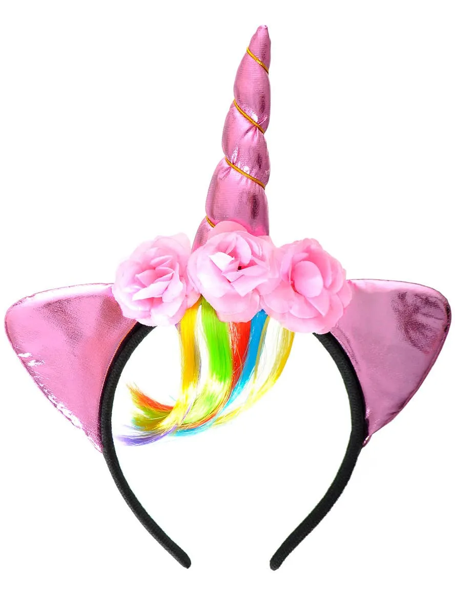 Metallic Pink Unicorn Horn Headband with Rainbow Fringe
