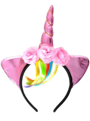 Metallic Pink Unicorn Horn Headband with Rainbow Fringe