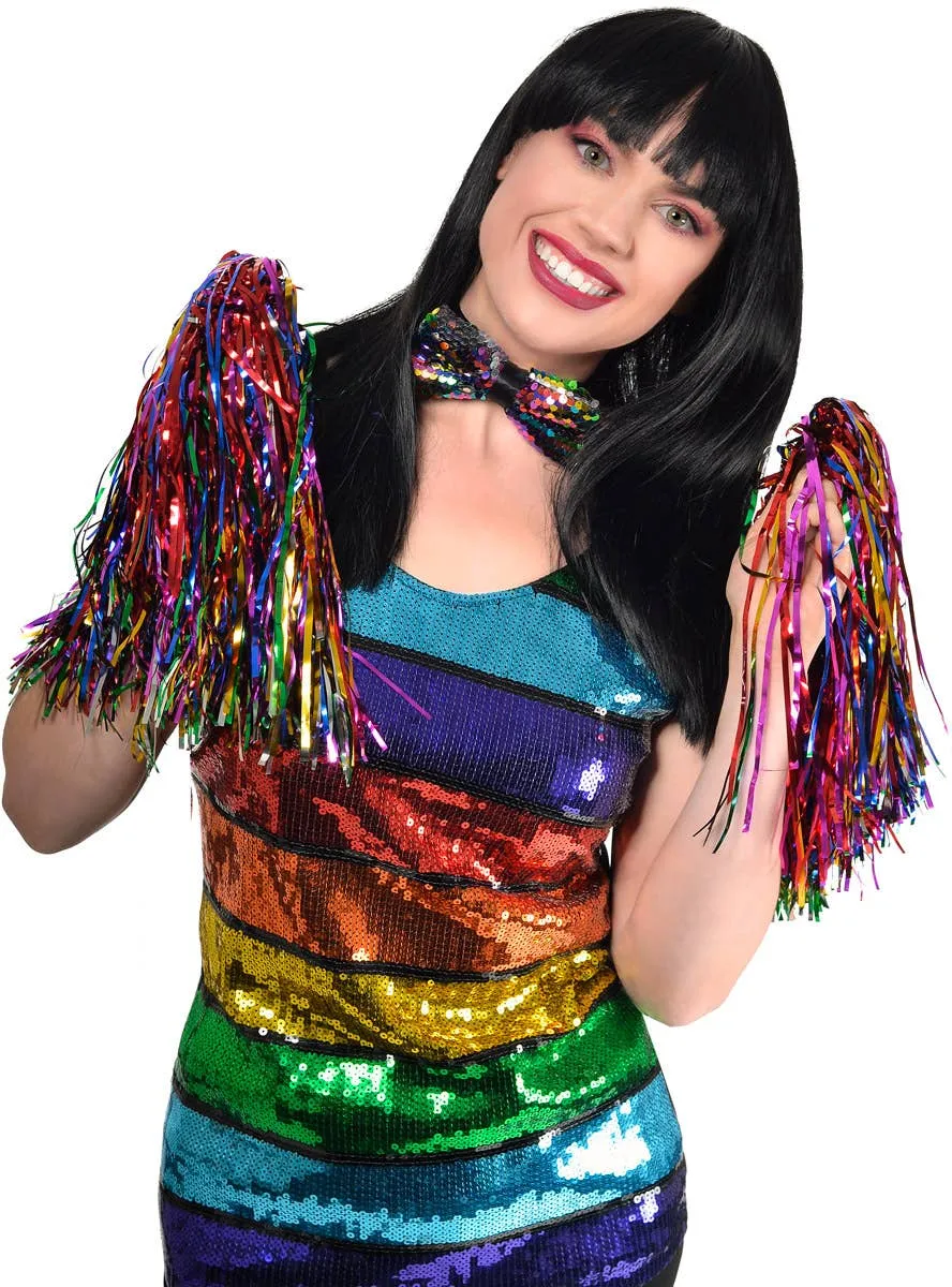 Metallic Rainbow Pom Poms Costume Accessory