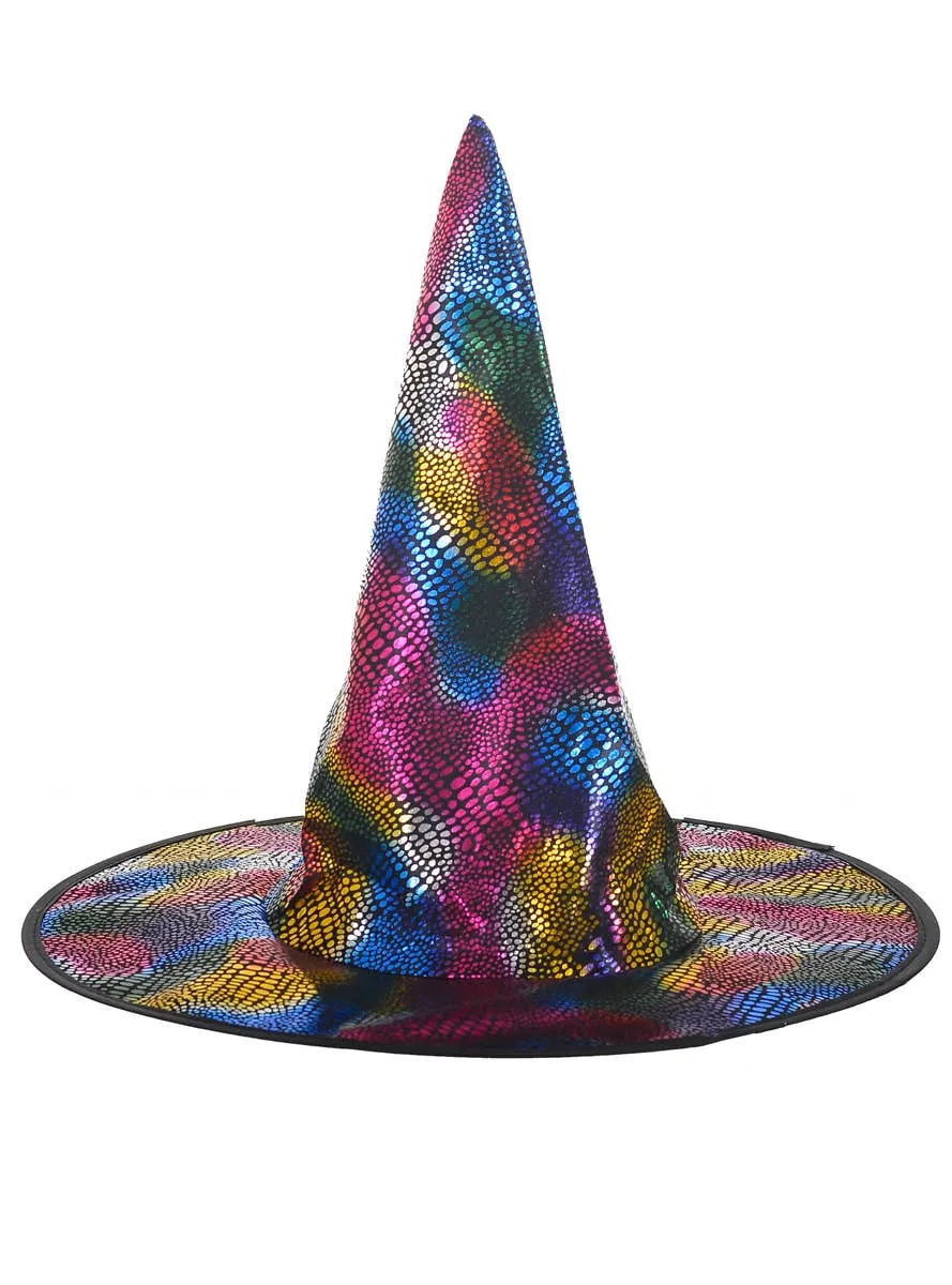 Metallic Rainbow Snake Skin Print Witch Hat Accessory