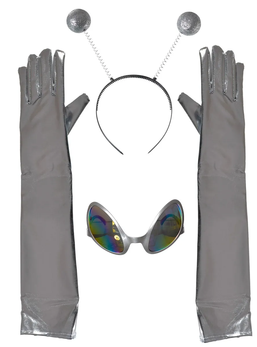 Metallic Silver Alien Gloves Glasses And Headband Costume Accessory Set