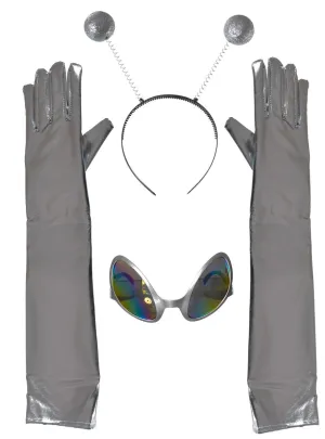 Metallic Silver Alien Gloves Glasses And Headband Costume Accessory Set