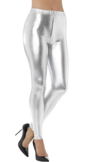Metallic Silver Full Length Womens Disco Leggings