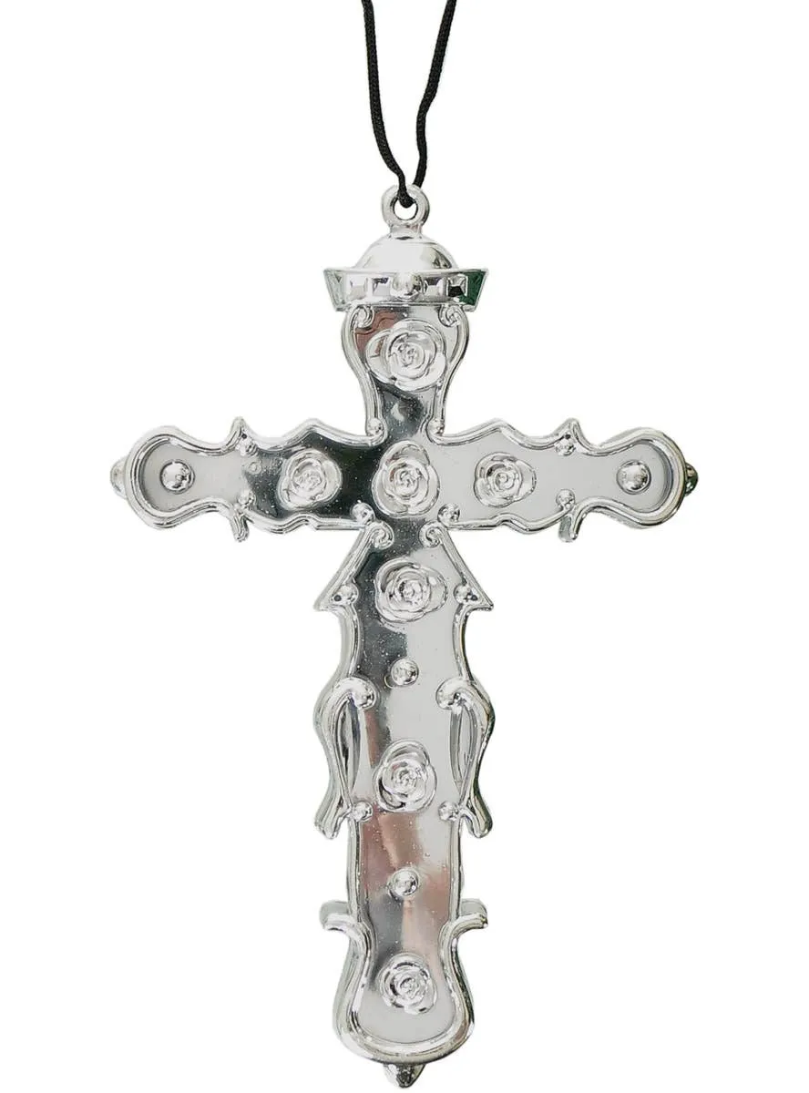 Metallic Silver Plastic Cross Costume Necklace