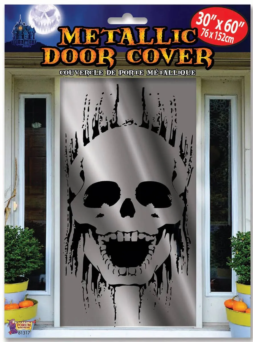 Metallic Silver Skull Print Door Cover Halloween Decoration