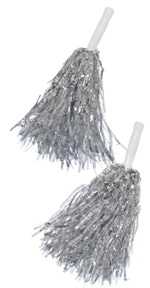 Metallic Silver Tinsel Cheerleader Pom Poms Costume Accessory