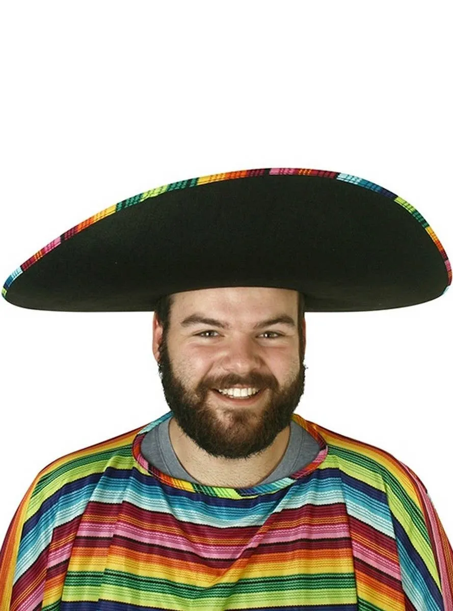 Mexican Adults Black Sombrero Hat with Rainbow Trim