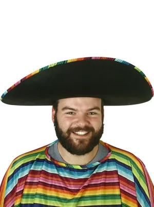 Mexican Adults Black Sombrero Hat with Rainbow Trim