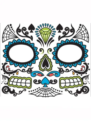 Mexican Day of the Dead Blue Sugar Skull Face Tattoo