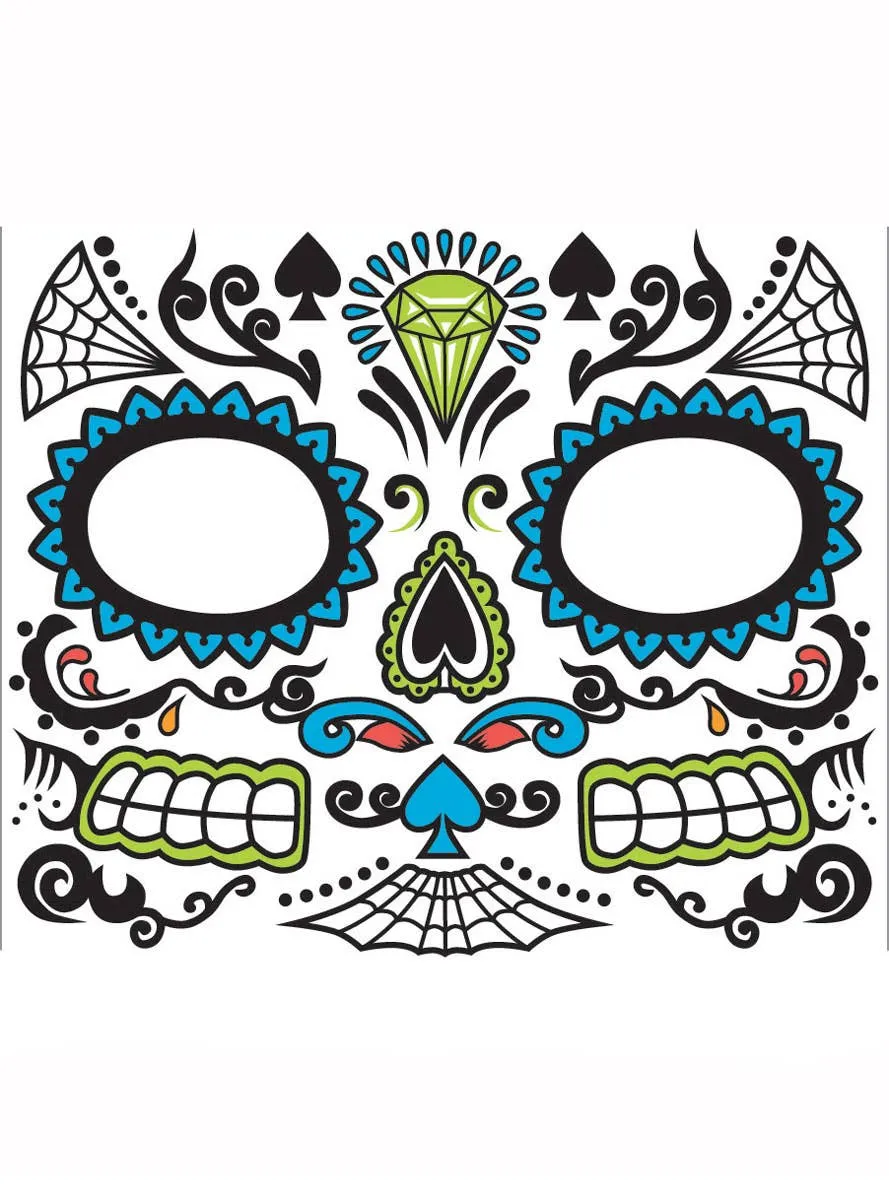 Mexican Day of the Dead Blue Sugar Skull Face Tattoo