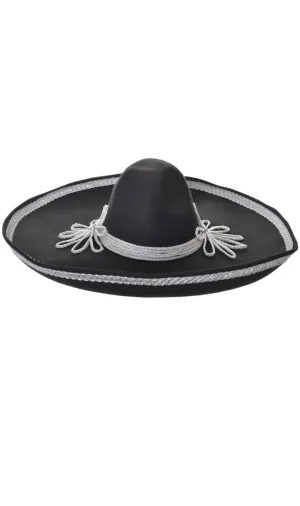 Mexican Felt Black and Silver Mariachi Sombrero Costume Hat