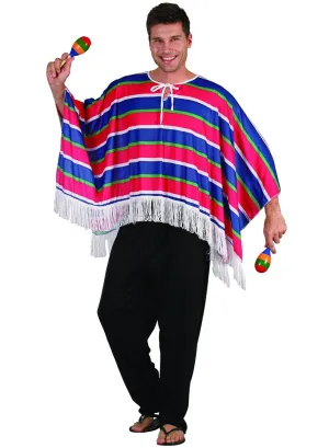 Mexican Red and Blue Striped Adults Costume Poncho