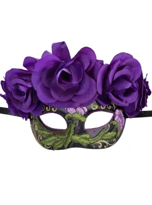 Mia Black Masquerade Mask with Green Embroidery and Purple Flowers
