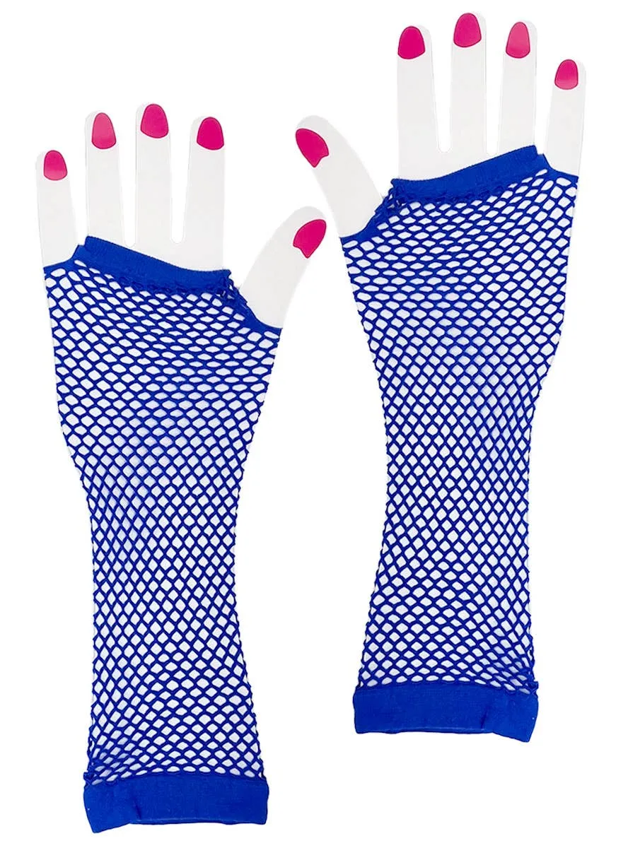 Mid Length Blue Fishnet Costume Gloves