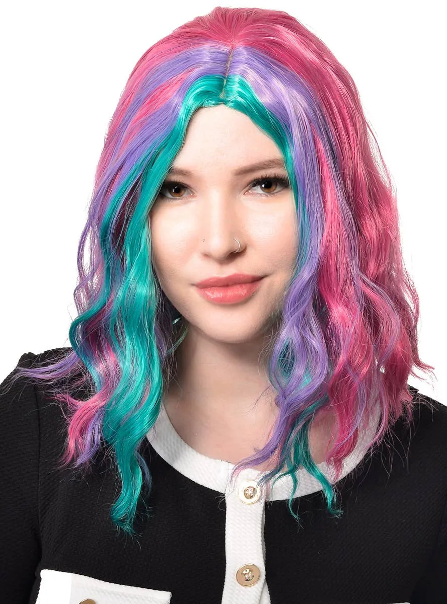 Mid Length Wavy Pink Purple and Teal Womens Costume Wig