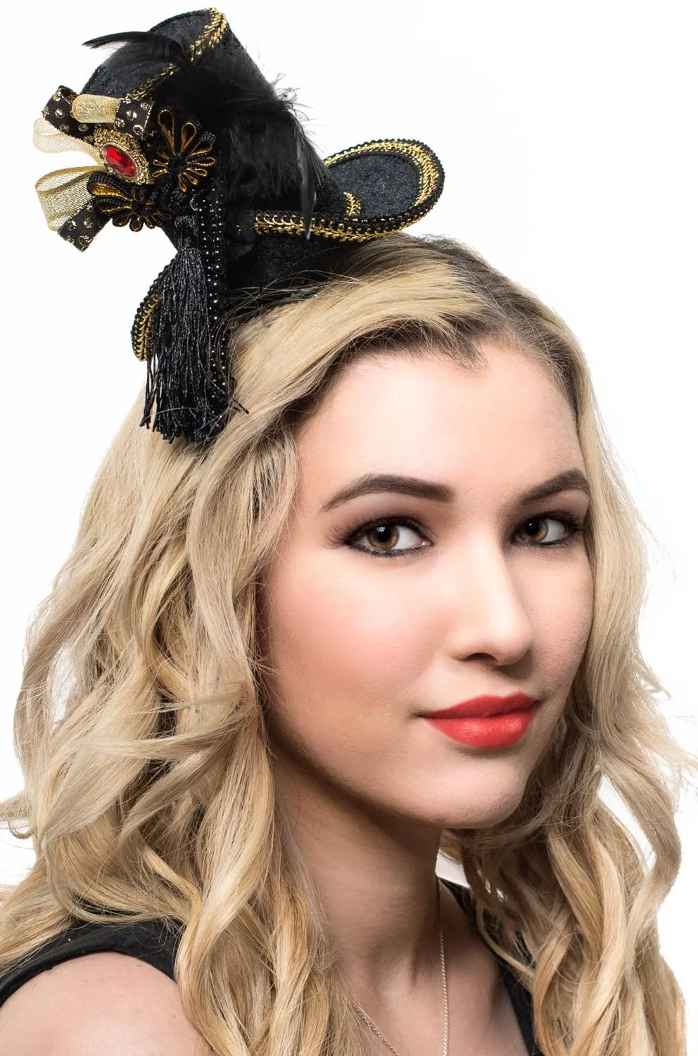 Mini Black and Gold Velvet Top Hat with Feathers