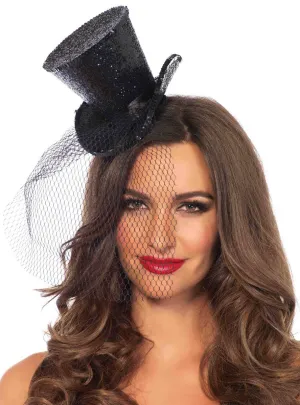 Mini Black Glitter Top Hat with Veil