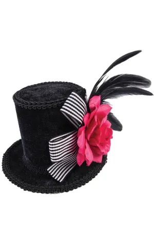Mini Black Velvet Top Hat with Pink Rose