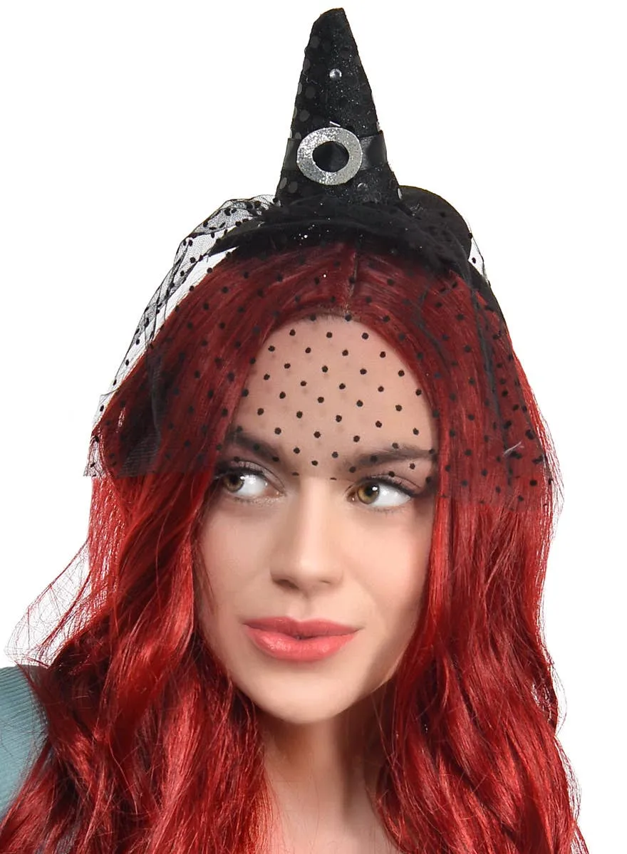 Mini Black Witch Hat with Black Polka Dot Veil